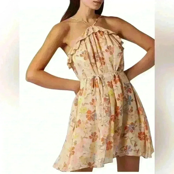 NWT Joie Uma Halter Neck Silk Minidress Apricot Buff Multi - Picture 2 of 12
